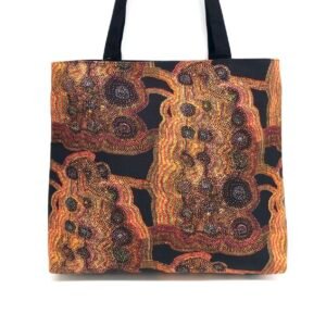Frida tote bag in fabric by Jeanie Napangardi Lewis from Warlukurlangu Artists in Yuendumu made by Flying Fox Fabrics