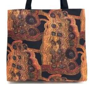 Frida tote bag in fabric by Jeanie Napangardi Lewis from Warlukurlangu Artists in Yuendumu made by Flying Fox Fabrics