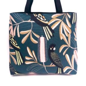 Frida tote back in Jocelyn Proust fabric with black cockatoos and banksias made by Flying Fox Fabrics