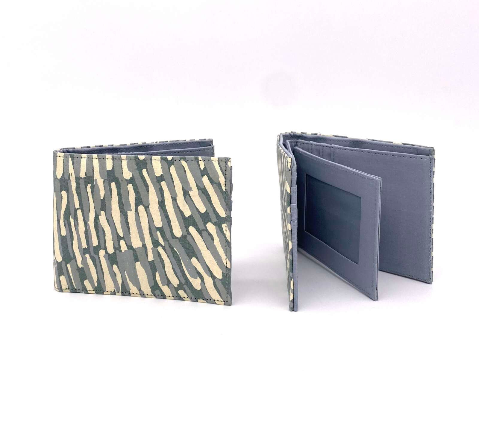 Lindon wallet made by Flying Fox Fabrics from hand printed fabric designed by Marita Sambono of Merrepen Arts