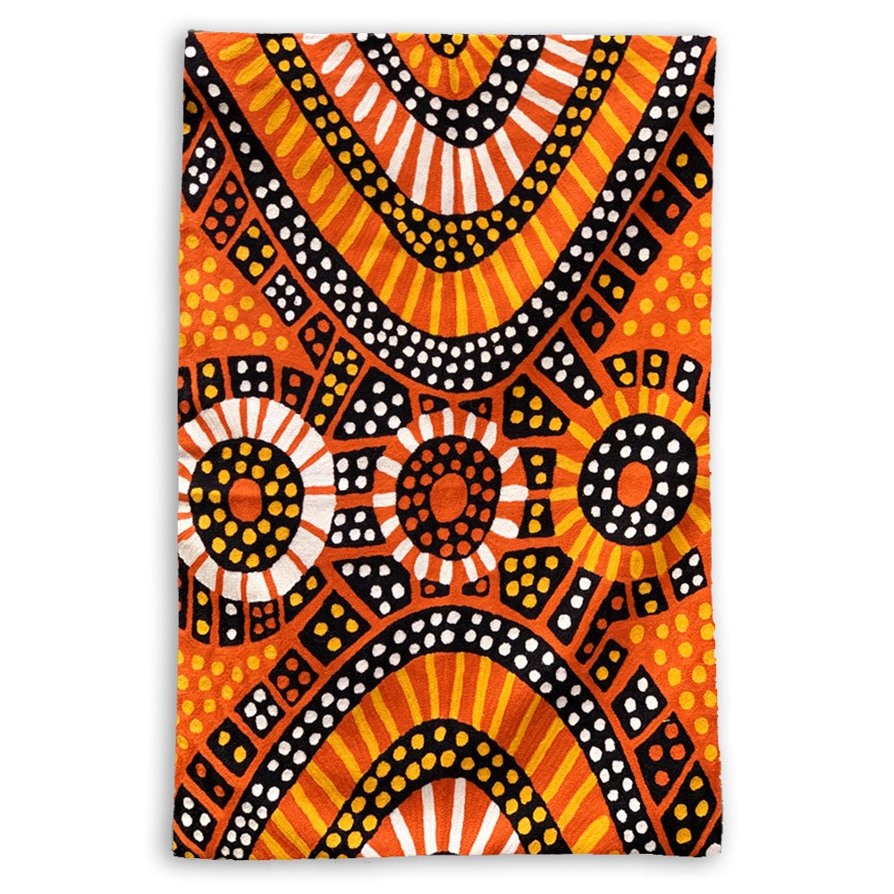 Large wool chains stitch rug kilim wallhanging designed by Nina Puruntatameri of Munupi Arts and made by Better World Arts. Available from Flying Fox Fabrics