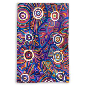 Large chain stitch kilim rug wall hanging designed by Tina Martin of Warlukurlangu Artists. Made by Better World Arts available from Flying Fox Fabrics