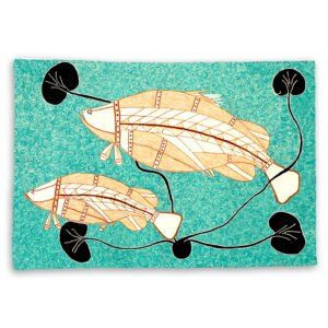 Large chain stitch kilim rug wall hanging designed by Isaiah Nagurrgurrba of Injalak Arts. Made by Better World Arts available from Flying Fox Fabrics