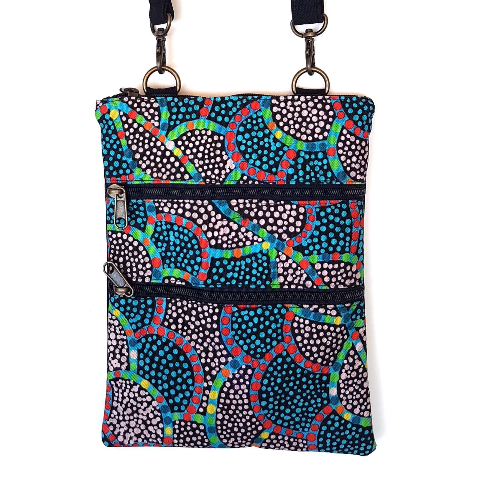 Serena bag made from fabric seed dreaming Warlukurlangu Artists made by Flying Fox Fabrics