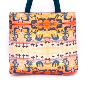 Frida tote bag featuring dancing lady fabric designed by Janet Forbes of papulankutja Artists made by Flying Fox Fabrics
