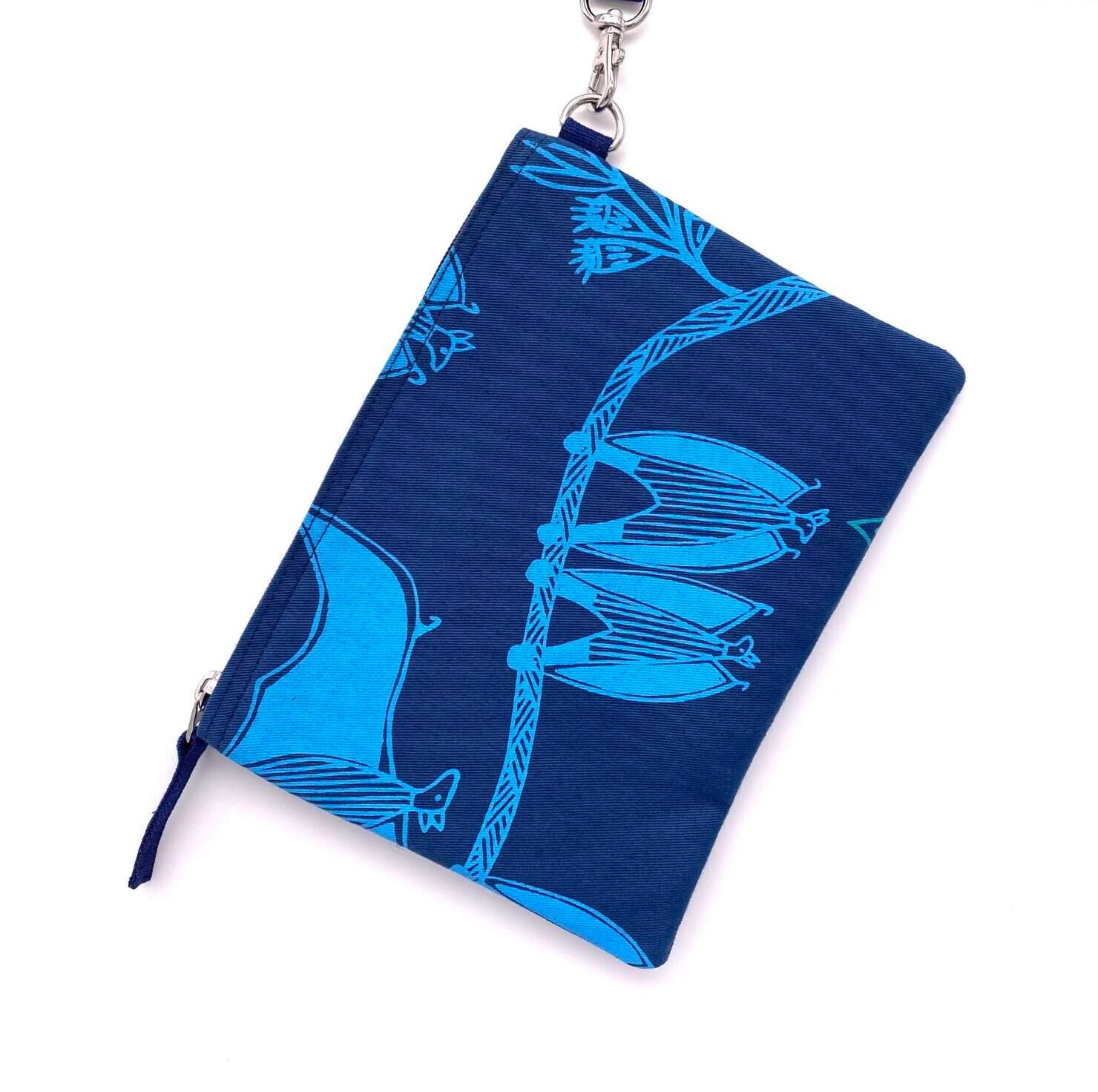 Nelly clutch purse bag with wrist strap, Fruit Bat fabric designed by Selina Nadjowh of Injalak Arts in Gunbalanya, made by Flying Fox Fabrics