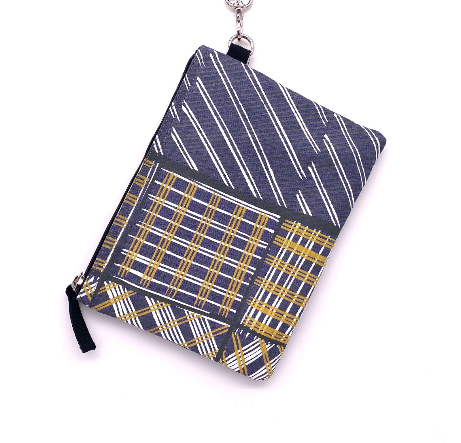 Nelly clutch purse bag with wrist strap, Wak Wak Crow fabric designed by Deborah Wurrkidj of Babbarra Designs in Maningrida, made by Flying Fox Fabrics