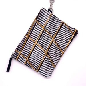 Nelly clutch purse bag with wrist strap, Fish Trap fabric designed by Susan Marawarr of Babbarra Designs in Maningrida, made by Flying Fox Fabrics