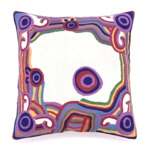 40 cm rectangular cushion cover embroidered in chain stitch in a multi-coloured pattern around the edges. Designed by Anangu Aboriginal artist Monica Watson from the APY Lands
