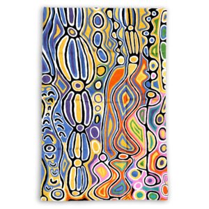 Large chain stitch kilim rug wall hanging designed by Judy Napangardi Watson. Made by Better World Arts available from Flying Fox Fabrics