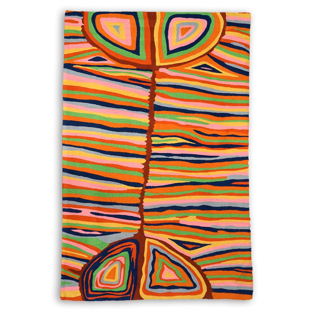 Large chain stitch kilim rug wall hanging designed by Judy Napangardi Watson. Made by Better World Arts available from Flying Fox Fabrics