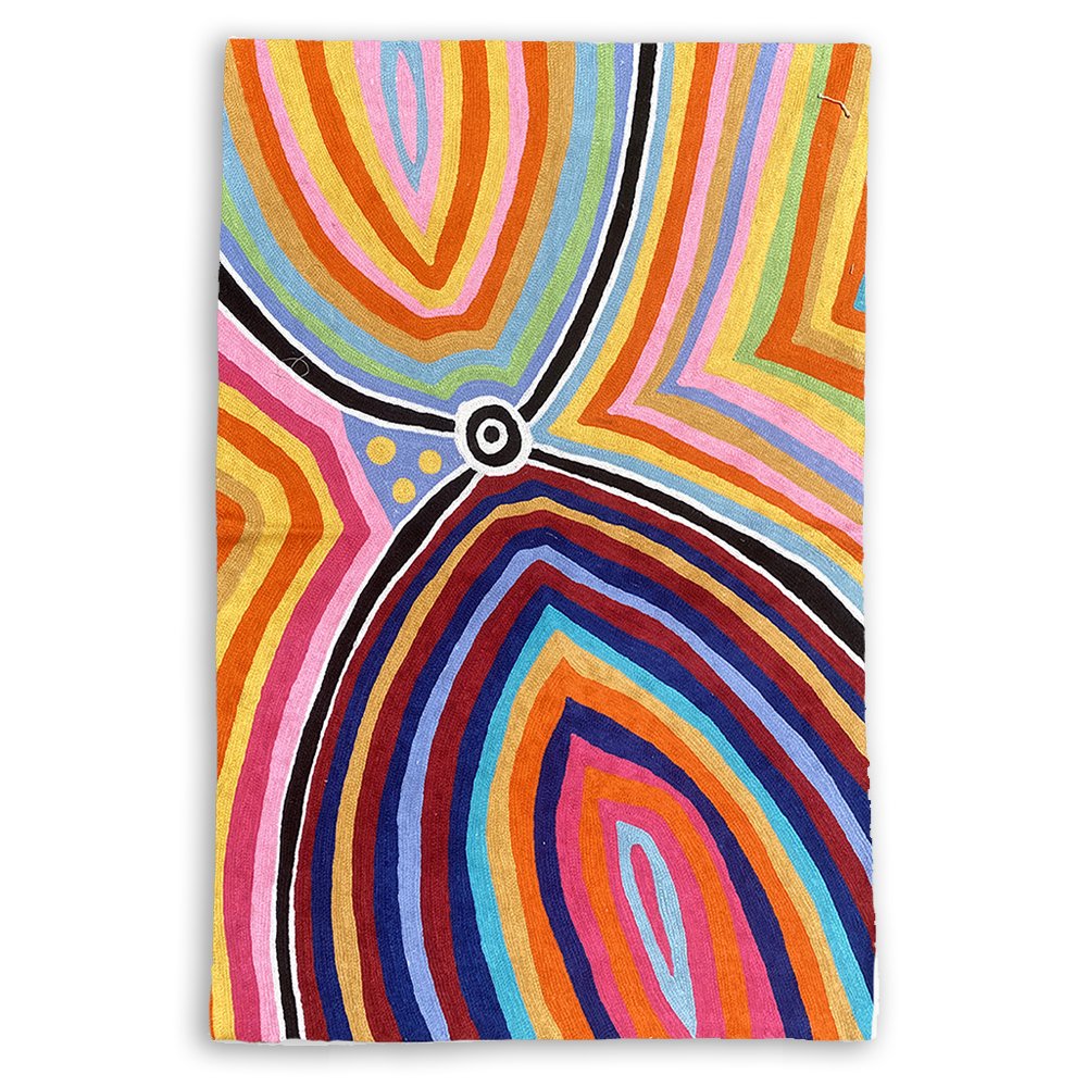 Large chain stitch kilim rug wall hanging designed by Liddy Napanangka Walker. Made by Better World Arts available from Flying Fox Fabrics