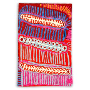 Large wool chain stitch kilim rug wall hanging designed by Murdie Morris of Warlukurlangu Artists, made by Better World Arts and available from Flying Fox Fabrics