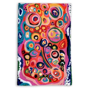 Large chain stitch rug kilim wall hanging designed by Andrea Adamson. Story is Seven Sisters and it is made by Better World Arts available from Flying Fox Fabrics