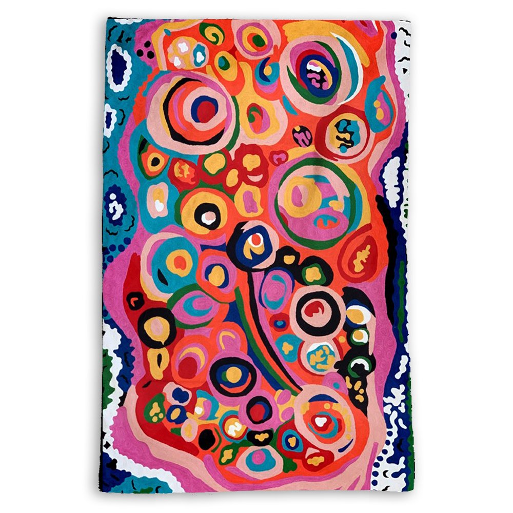 Large chain stitch rug kilim wall hanging designed by Andrea Adamson. Story is Seven Sisters and it is made by Better World Arts available from Flying Fox Fabrics