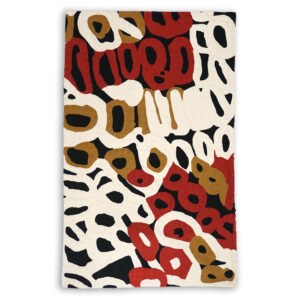 Large wool chains stitch rug kilim wallhanging designed by Anmanari of Papulankutja Artists. Available from Flying Fox Fabrics