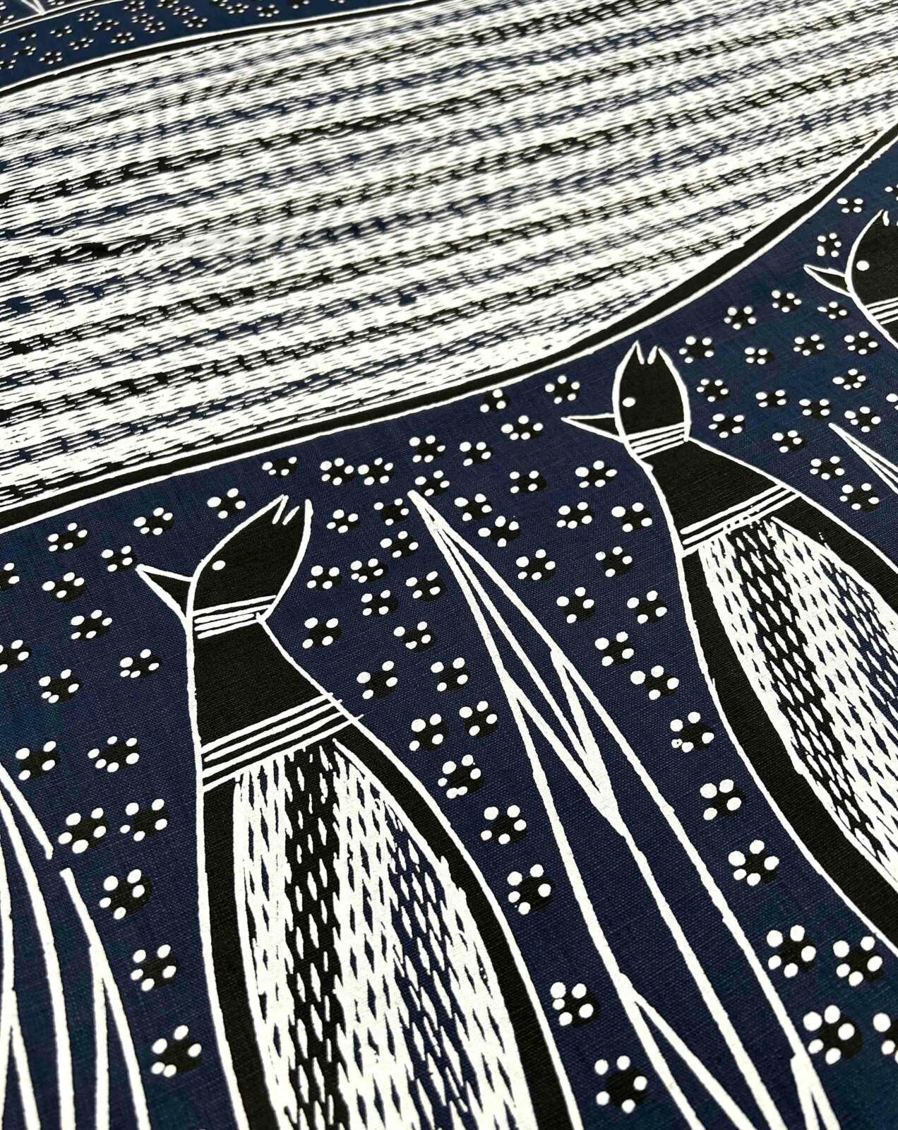 Fruit bats on blue linen - Roy Burnyila