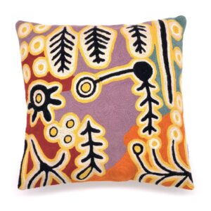 wool hand embroidered cushion cover designed by Paddy Japaljarri Stewart of Warlukurlangu Artists in Yuendumu and made by Better World Arts. Available from Flying Fox fabrics.