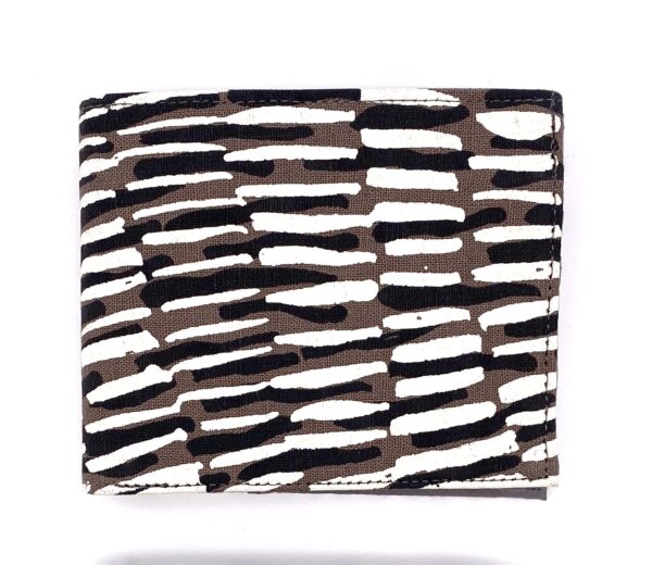 Lindon wallet made by Flying Fox Fabrics from hand printed fabric designed by Marita Sambono of Merrepen Arts