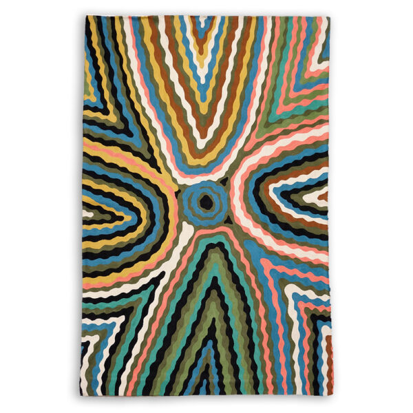 Large chain stitch rug kilim wall hanging designed by Rama Sampson. Rainbow Serpent made by Better World Arts available from Flying Fox Fabrics