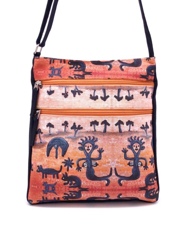 Delia bag with a fabric designed by Janet Forbes from Papulankutja Artists made by Flying Fox Fabrics