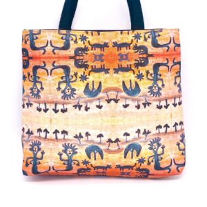 Frida tote bag featuring dancing lady fabric designed by Janet Forbes of papulankutja Artists made by Flying Fox Fabrics