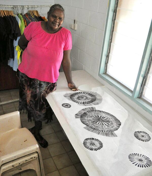 Artist Marita Sambono working on her fabric design Fog Dreaming