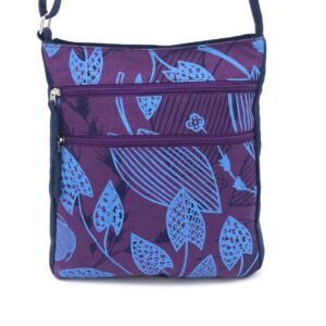 Delia bag made from water lily fabric designed by Eva Nganjmirra from Injalak Arts made by Flying Fox Fabrics