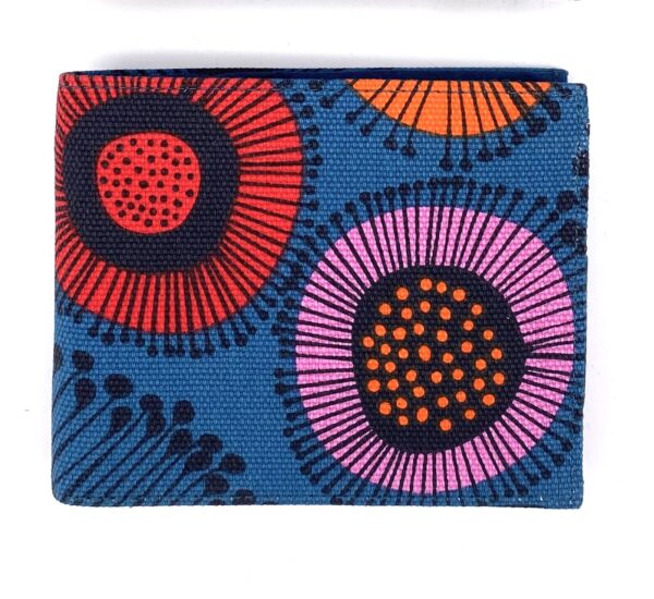 Lindon wallet made from fabric designed by Jocelyn Proust, eucalyptus flowers, made by Flying Fox Fabrics