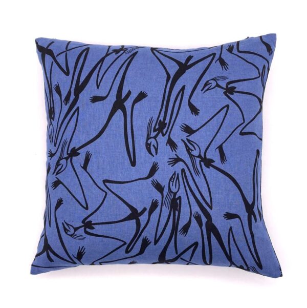 Hand printed fabric cushion cover designed by Gabriel Maralngurra of Injalak Arts made by Flying Fox Fabrics