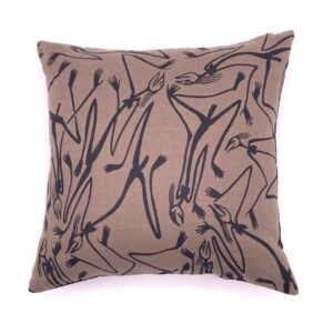 Hand printed fabric cushion cover designed by Gabriel Maralngurra of Injalak Arts made by Flying Fox Fabrics